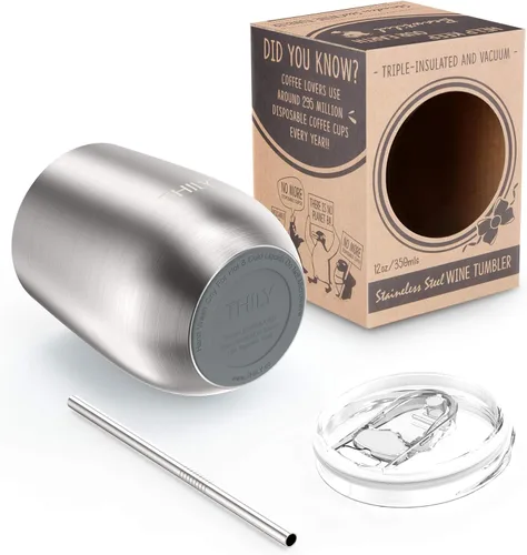 Miniatura 4 de THILY Vaso de vino de metal sin tallo aislado T1, vaso de vino de acero inoxidable con triple aislamiento con tapa y popote, reutilizable, mantiene