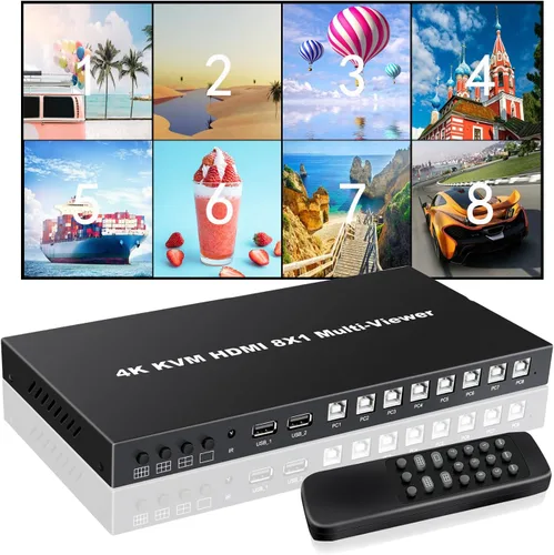 MultiViewer HDMI 8x1 con función KVM, 4K@30Hz HDMI Quad MultiViewer Share 8 ordenadores simultáneamente, permitiéndoles compartir un conjunto de