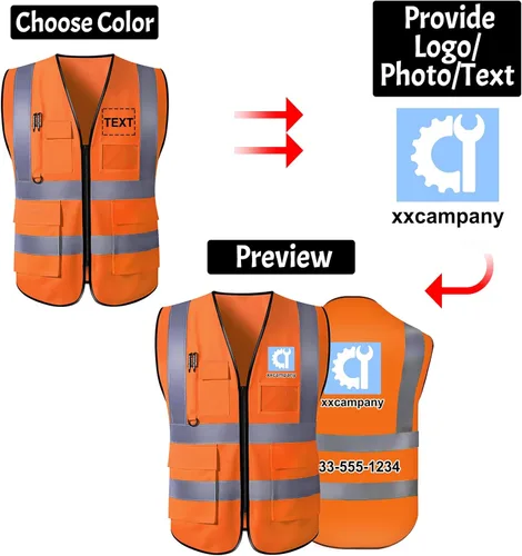Miniatura 3 de Chaleco de seguridad personalizado de alta visibilidad, reflectante, con logotipo, bolsillo para fotos, cremallera, personalizable, clase 2