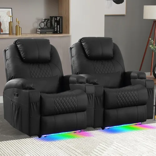 Miniatura 18 de Silla reclinable eléctrica con calor y masaje para adultos, asiento reclinable eléctrico de cine en casa con luces LED, portavasos, bolsillo