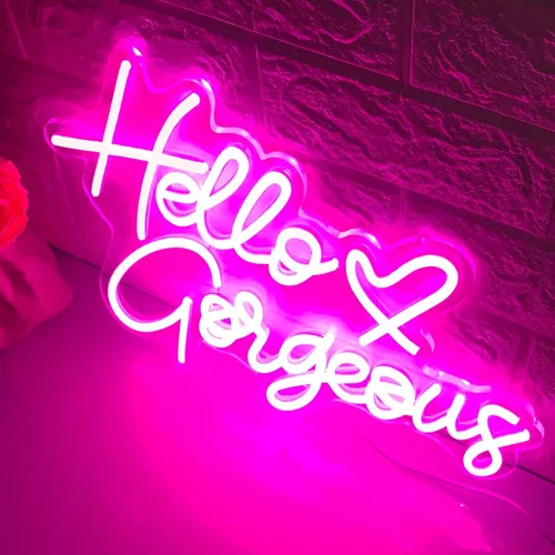 Miniatura 5 de Letrero de neón con texto en inglés "Hello Gorgeous Neon", luces LED de neón rosadas para el hogar, boda, cumpleaños, telón de fondo, fiesta