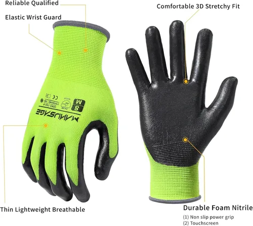Miniatura 2 de MANUSAGE Guantes de trabajo de nitrilo, ajuste elástico cómodo 3D, agarre potente, pantalla táctil, revestimiento de espuma duradera, flexibles