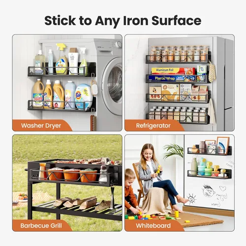 Miniatura 6 de Mystozer Estante magnético para especias de gran capacidad de 16.9 pulgadas de ancho para refrigerador, paquete de 4 estantes de metal para Negro