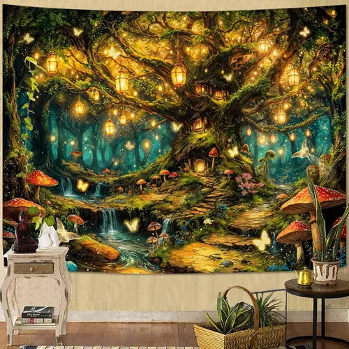 Miniatura 11 de Kanuyee Tapiz de bosque verde, tapiz de paisaje para pared, tapices de naturaleza para techo y pared, colgante para dormitorio, sala de estar