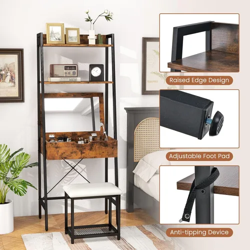 Miniatura 5 de COSTWAY Juego de escritorio con espejo abatible, mesa de tocador con escalera y taburete acolchado con 4 compartimentos de almacenamiento, pequeño