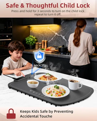 Miniatura 6 de Tapete de calentamiento para alimentos, bandeja de calentamiento eléctrico de calentamiento rápido mejorada con 7 niveles de temperatura y 8 Gris
