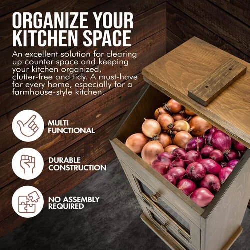 Miniatura 5 de Peaceful Classics Caja de almacenamiento de papas de madera, paneras de madera, caja decorativa y para cebolla, con sección de comestibles, tapa
