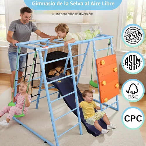 Miniatura 7 de Parque infantil interior 6 en 1, gimnasio de la selva de metal con pared de escalada, tobogán, barras horizontales, escaleras de cuerda y dos