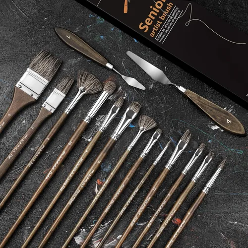 Miniatura 6 de Juego de Pinceles para Pintura al Óleo, 15 Piezas Fuumuui Pinceles Profesionales para Mezclar Pintura de Cerdas de Tejón Naturales con Plano
