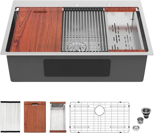 Miniatura 14 de Mocoloo Fregadero de barra de 13 pulgadas con caída en la parte superior, fregadero de cocina pequeño de acero inoxidable T304 de 13 x 15 pulgadas