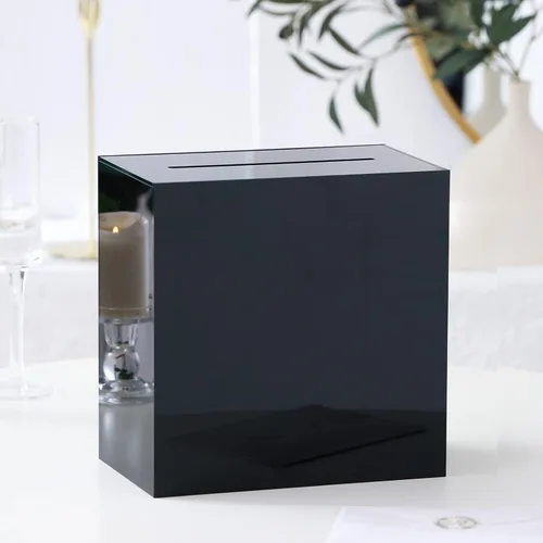 UNIQOOO Caja de tarjetas de boda de acrílico negro con ranura, gruesa de bricolaje grande de 10 x 10 x 5.5 pulgadas sin impresión, recepciones de