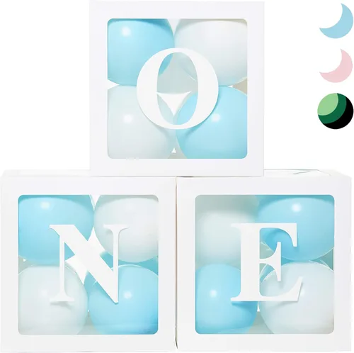Miniatura 11 de Cajas de Globos de Primer Cumpleaños 'ONE' para 1 Año CON 24 Globos - Decoraciones de Primer Cumpleaños para Bebé Bloques de Cubo Transparente