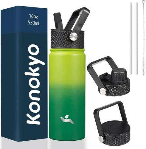 Miniatura 80 de Konokyo - Botella de agua aislada de 18 onzas, botellas deportivas de acero inoxidable con 3 tapas, verde militar