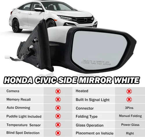 Miniatura 2 de Espejo lateral del pasajero compatible con Honda Civic Coupe Sedan Hatchback 2016, 2017, 2018, 2019, 2020, 2021, espejo con cristal eléctrico, sin