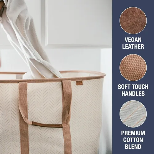 Miniatura 7 de CleverMade Cesta de Lavandería Plegable -LUXE Crema Herringbone 2Pack 64L - Contenedor de Almacenamiento Organizador Plegable Solución para LUXE