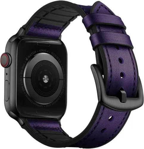 Miniatura 22 de OUHENG Correas de cuero compatibles con Apple Watch de 42mm 41mm 40mm 38mm, correa híbrida de cuero genuino y goma para iWatch Series 11 10 9 8 7 6