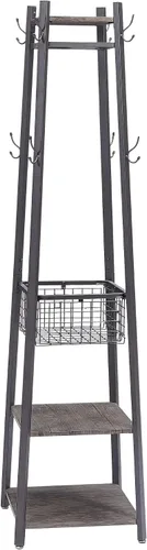 Miniatura 2 de VECELO Perchero industrial, soporte de ropa de Enterway con estantes de almacenamiento de 2 niveles y cesta de metal, árboles de pasillo mejorados