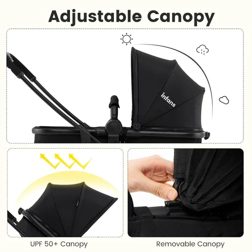 Miniatura 5 de INFANS Cochecito de bebé 2 en 1, cochecito convertible con moisés, asiento reversible, respaldo ajustable, plegable con una mano, cochecito compacto