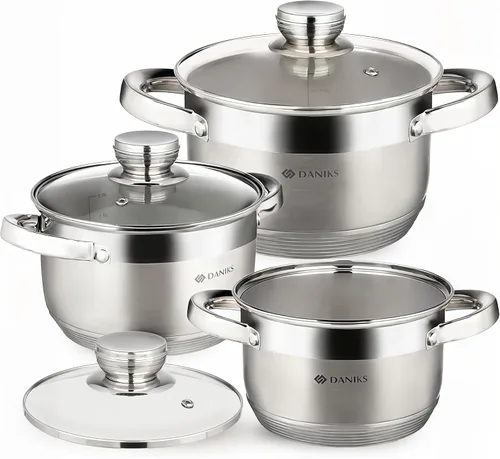 Miniatura 10 de Daniks Juego de utensilios de cocina estándar de acero inoxidable de 11 piezas con tapas de vidrio, incluye cacerola con tapa y sartén, bases