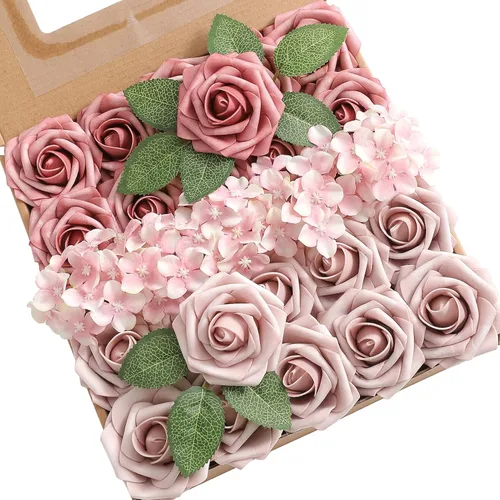 YYHUAWU Flores Artificiales Juego de Caja Combinada Color Degradado Flor Hoja con Tallos para Ramos de Boda DIY Centros de Mesa Baby Shower Fiesta