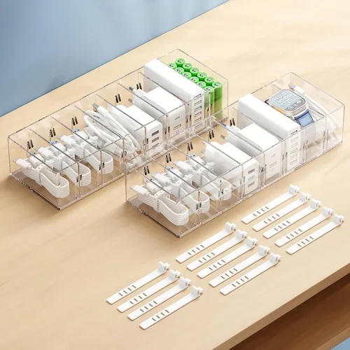 FRETONBA Paquete de 2 Cajas Organizadoras de Almacenamiento de Cables con 8 Compartimentos y 14 Sujetadores de Alambre, Organizador de Cargadores
