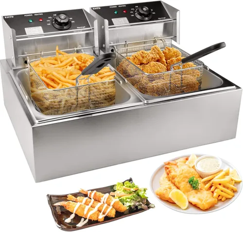 Freidora Profunda Comercial con Cesta, 3400W 12.7QT/12L, Freidora Eléctrica de Aceite de Encimera de Acero Inoxidable Desmontable de Gran Capacidad