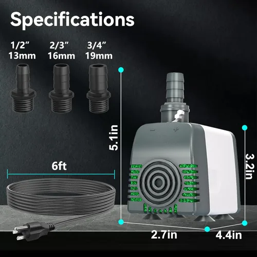 Miniatura 6 de Bomba de agua sumergible de alta eficiencia de 880 GPH, diseño ultra silencioso para fuentes, estanques, acuarios, hidroponía y uso