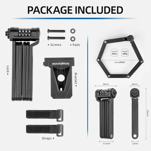 Miniatura 5 de ROCKBROS Candado plegable para bicicleta con soporte, resistente antirrobo de 4 dígitos