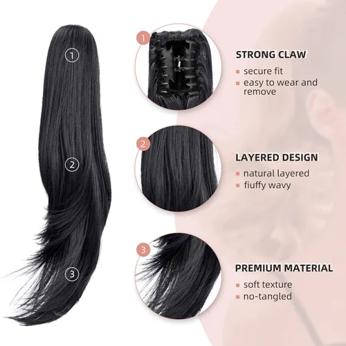Miniatura 4 de Extensión de Cola de Caballo, Extensión de Cabello con Garra Larga de 20", Piezas de Cabello Sintético Ondulado Liso con Clip en Peluca de Cola