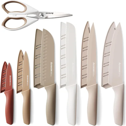 Astercook Juego de cuchillos, juego de 13 piezas de cuchillos de cocina con revestimiento saludable antióxido, apto para lavavajillas, juego de Crema
