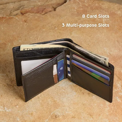 Miniatura 5 de WITH LOVE Cartera plegable para hombre, organizador de dinero, tarjetero de cuero de grano completo, bloqueo RFID, accesorio esencial para hombre
