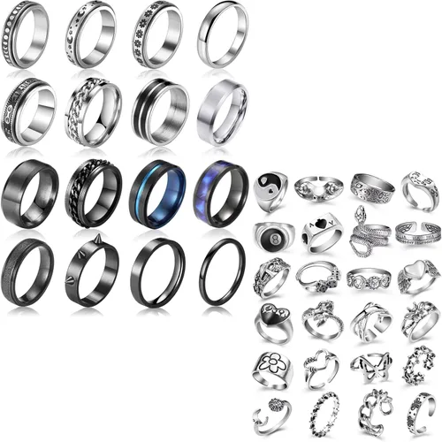 FAXHION Anillos de acero inoxidable para hombres y mujeres, anillos punk abiertos de plata vintage para hombres y mujeres, Plata, acero inoxidable