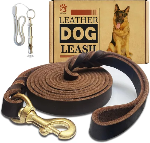 Miniatura 9 de Correa de cuero para perro de 6 x 1 pulgada, correa trenzada de cuero genuino fuerte y resistente, suave y cómoda para perros grandes, perros Marrón