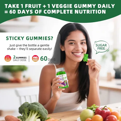 Miniatura 7 de Gomitas de frutas y verduras sin azúcar, súper verduras con 23 frutas y 25 verduras, minerales multivitamínicos y fibra, suplemento vegano de frutas