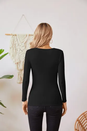 Miniatura 6 de VICHYIE Ropa de otoño para mujer, cuello redondo, acanalada, manga larga, ajustada, camiseta básica casual