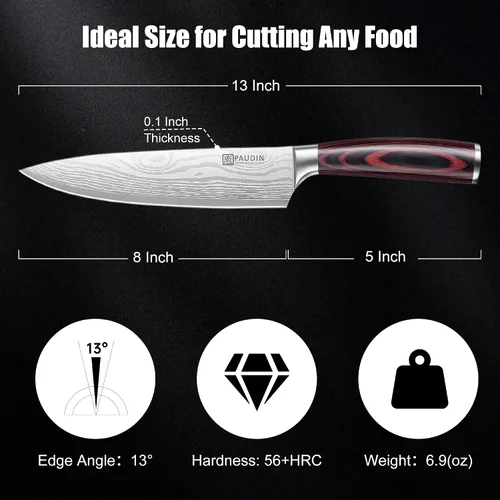 Miniatura 7 de PAUDIN Cuchillo de chef, cuchillo de cocina afilado de acero inoxidable de alto carbono de 8 pulgadas con mango ergonómico, caja de regalo