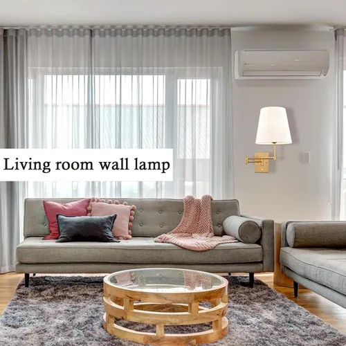 Miniatura 7 de HYDELITE Lámpara de pared dorada con brazo oscilante, apliques de pared de latón con pantalla de lino, accesorios de pared enchufables o cableados