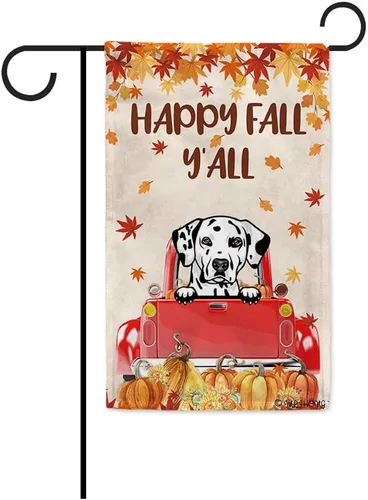 Miniatura 10 de Bandera con texto en inglés «Happy Fall Y'all» con diseño de perro inteligente con calabaza en camión rojo y hojas de arce, pancarta de otoño