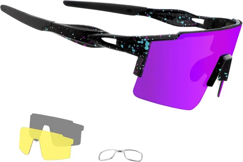 OULAIQI Gafas de sol de ciclismo, polarizadas, para hombres y mujeres, con 1 lente o 3 lentes intercambiables, gafas de béisbol Lente negra y