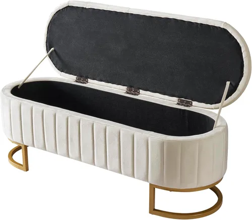 Miniatura 9 de Polibi Elegante otomana tapizada de terciopelo con botones, banco de almacenamiento con patas de metal para dormitorio, sala de estar, entrada, Beige