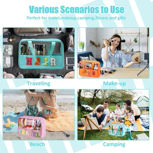 Miniatura 5 de BuyCard Bolsas de Viaje Transparentes con Parche de Letra de Chenilla, Bolsa de Maquillaje Preppy de PVC y Nylon con Asa y Cremallera, Bolsa