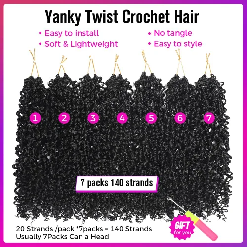 Miniatura 4 de Pelo de ganchillo Yanky Twist de 10 pulgadas para mujeres negras, 7 paquetes de cabello corto bohemio con extremos rizados, cabello sintético rizado