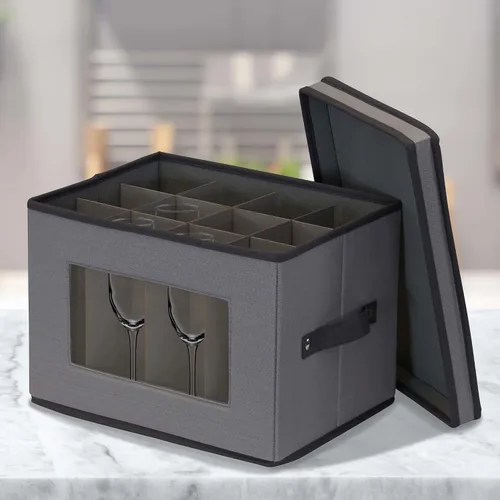 Miniatura 2 de Household Essentials Caja de almacenamiento para copas de champán, 12 compartimentos resistentes, panel frontal con ventana, 2 asas remachadas, caja
