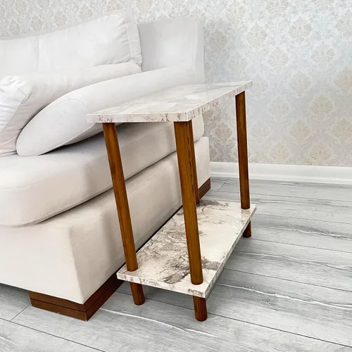 Miniatura 15 de Narrow Small Places - Mesa auxiliar moderna de mármol sintético para sofá sala de estar, mesa auxiliar minimalista delgada de 2 niveles con estante