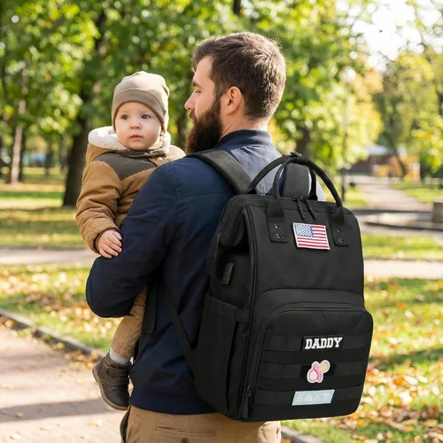 Miniatura 7 de Mochila para pañales para papá y mamá con puerto de carga USB, correas para cochecito y bolsillo aislado, mochila de viaje militar del ejército