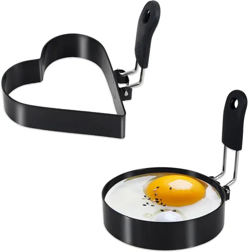Miniatura 7 de Anillos para huevos de 3.5 pulgadas con mango de silicona, anillos de cocina para huevos de acero inoxidable, antiadherentes, para freír huevos