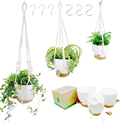 Miniatura 8 de Macetas colgantes con colgadores de macramé para plantas de interior y exterior, juego de 3 cestas colgantes de 35/27/21 pulgadas, macetas de riego