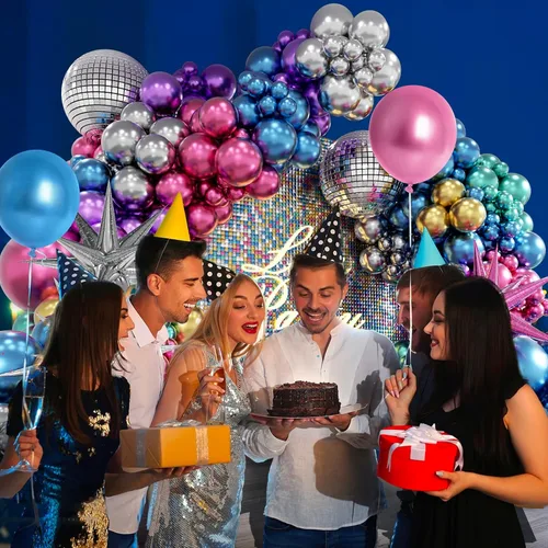 Miniatura 7 de FOTIOMRG Kit de arco de globos de discoteca de 135 piezas con globos de bola de discoteca, globos metálicos plateados, azul, verde, morado, rosa