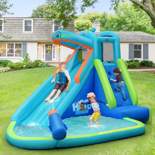 Miniatura 4 de BOUNTECH - Tobogán acuático inflable, parque de toboganes acuáticos con temática de hipopótamo para niños y adultos, diversión al aire libre