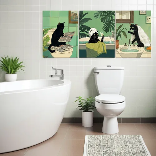 Miniatura 2 de Arte de Pared de Lienzo de Gato Negro Divertido para Baño, Lindo Estampado de Animales para Cuarto de Baño Inodoro Leyendo Periódico Humor